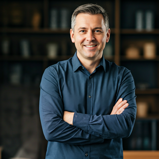 Portræt af en virksomhedsejer i et afslappet professionelt miljø.